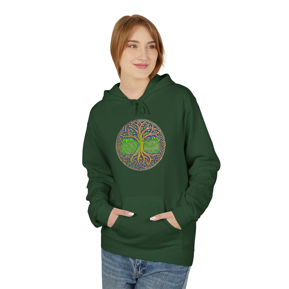 Yggdrasil Tree of Life Cotton Hoodie — Nature-Inspired Green Woodland Graphic