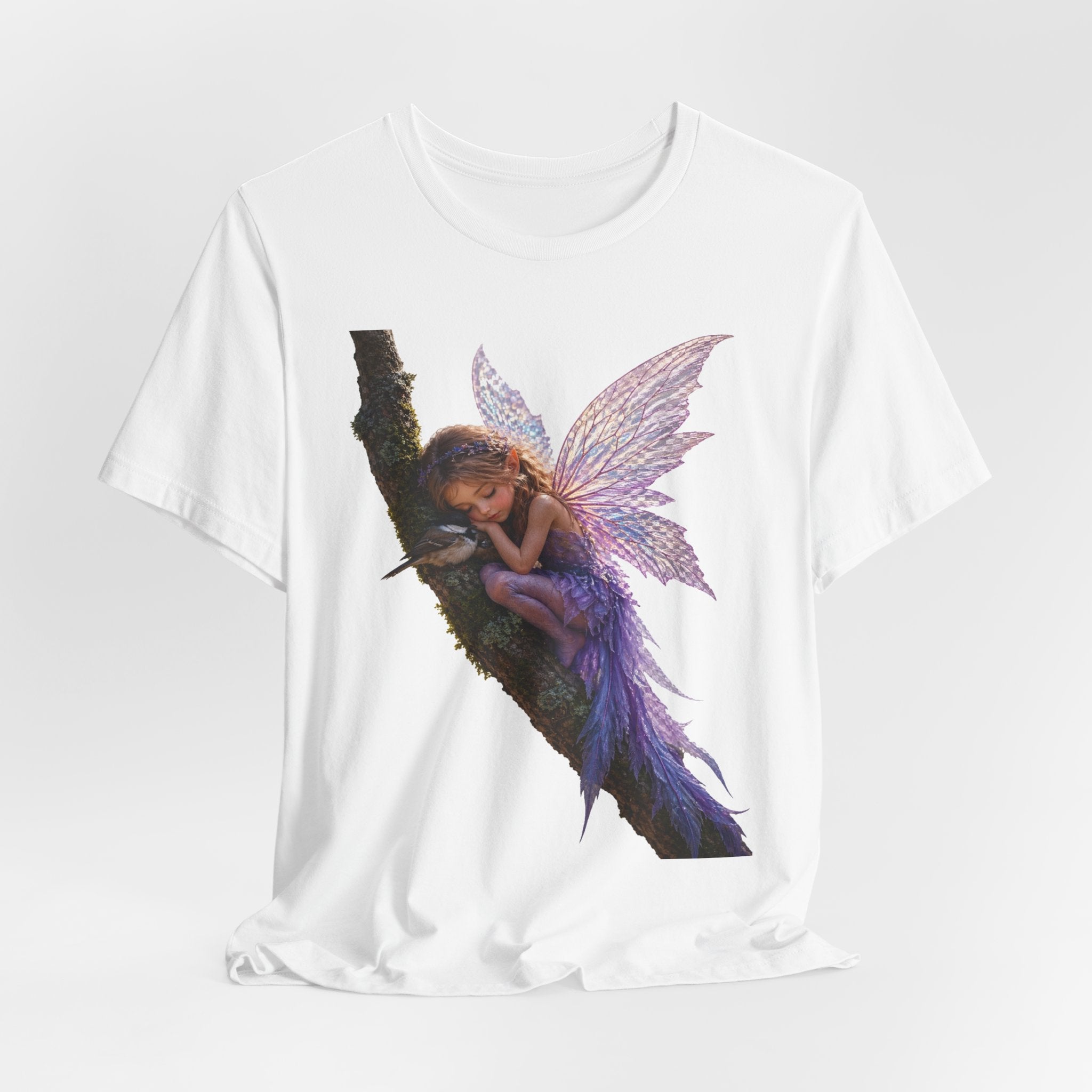 Fairy Sleeping on Branch T-Shirt — Magical Purple Fairy Tee for Women & Girls