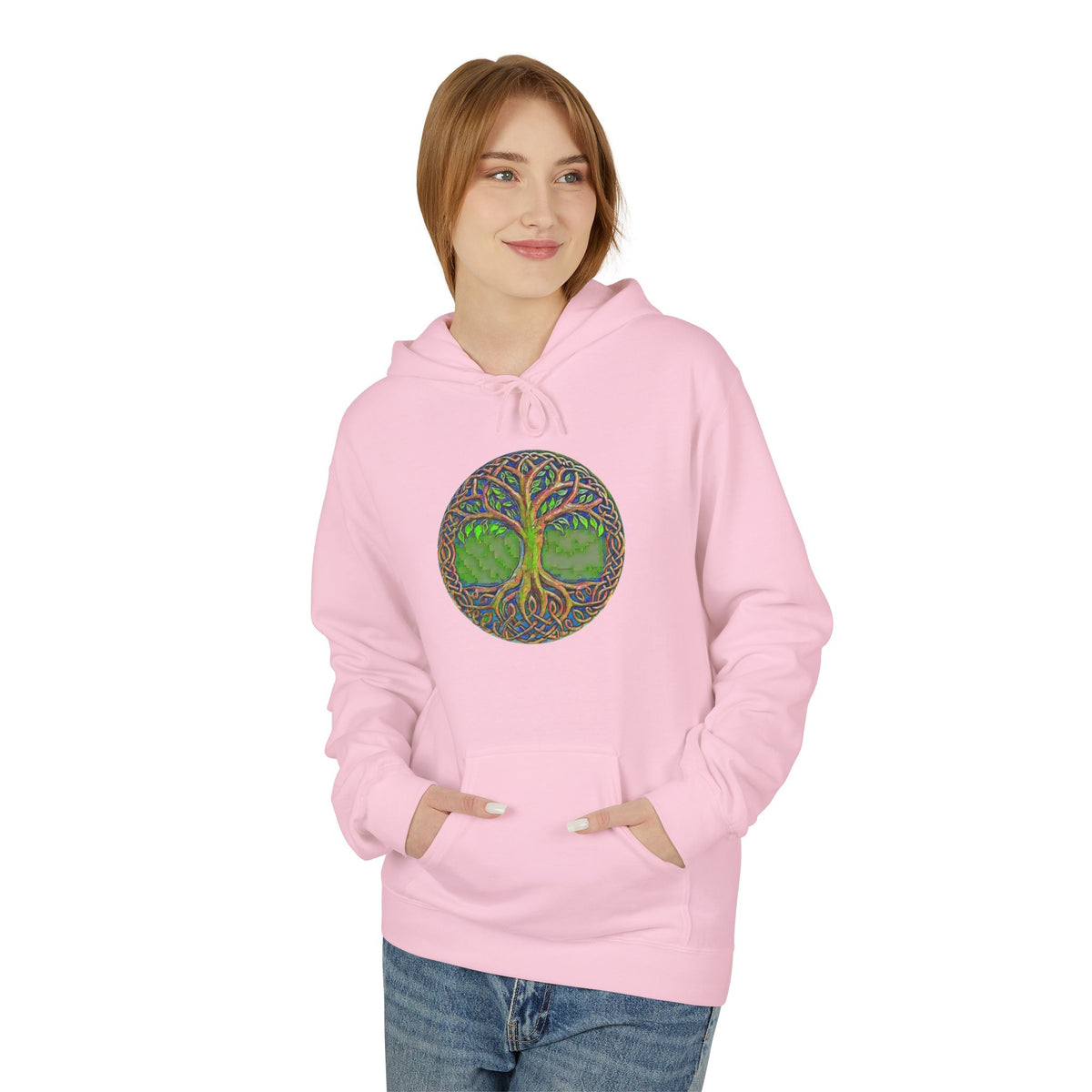 Yggdrasil, the Tree of Life Cotton Hoodie — Green Nature Mandala Pullover