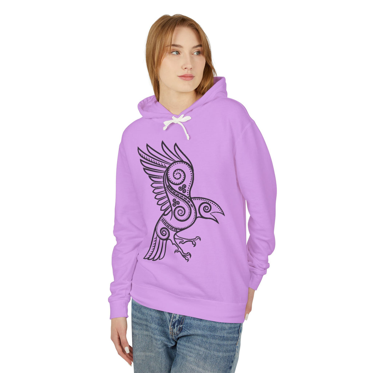 The Raven – Odin’s Messengers-Tribal Raven Hoodie — Intricate Celtic Bird Graphic Lightweight Sweatshirt