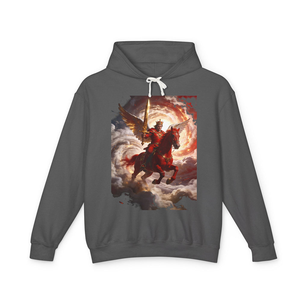The red horse from Revelation 6:3-4-Angel Knight Hoodie — Celestial Warrior Horse Graphic Sweatshirt