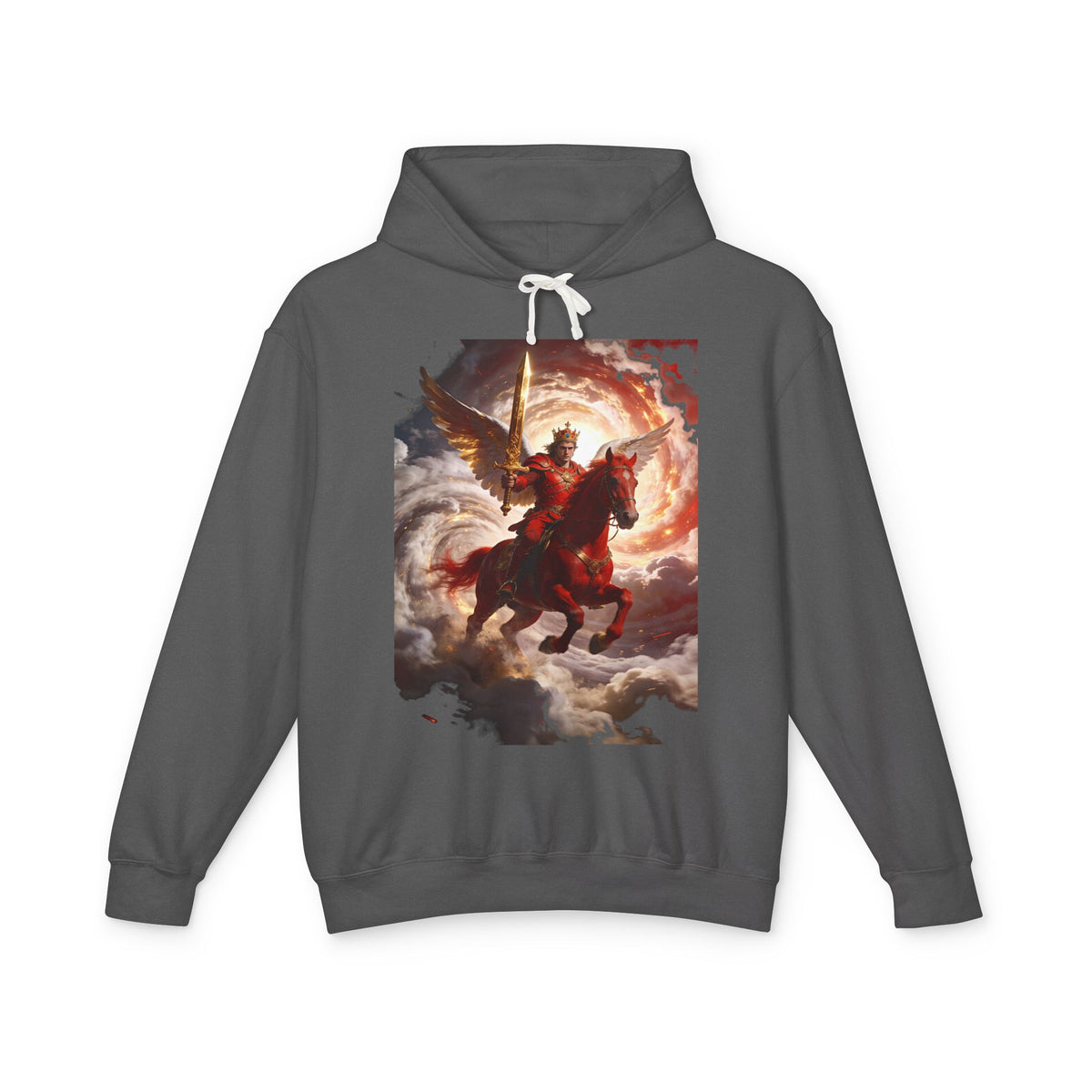 The red horse from Revelation 6:3-4-Angel Knight Hoodie — Celestial Warrior Horse Graphic Sweatshirt
