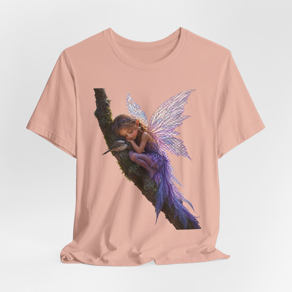 Fairy Sleeping on Branch T-Shirt — Magical Purple Fairy Tee for Women & Girls