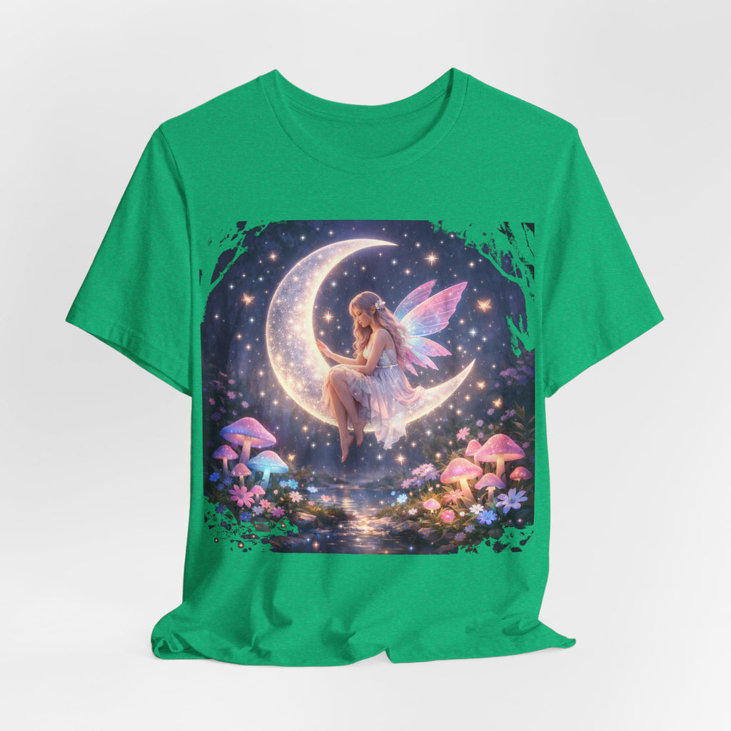 Fairy on the Moon T‑Shirt — Dreamy Fantasy Night Tee with Fairy and Mushrooms