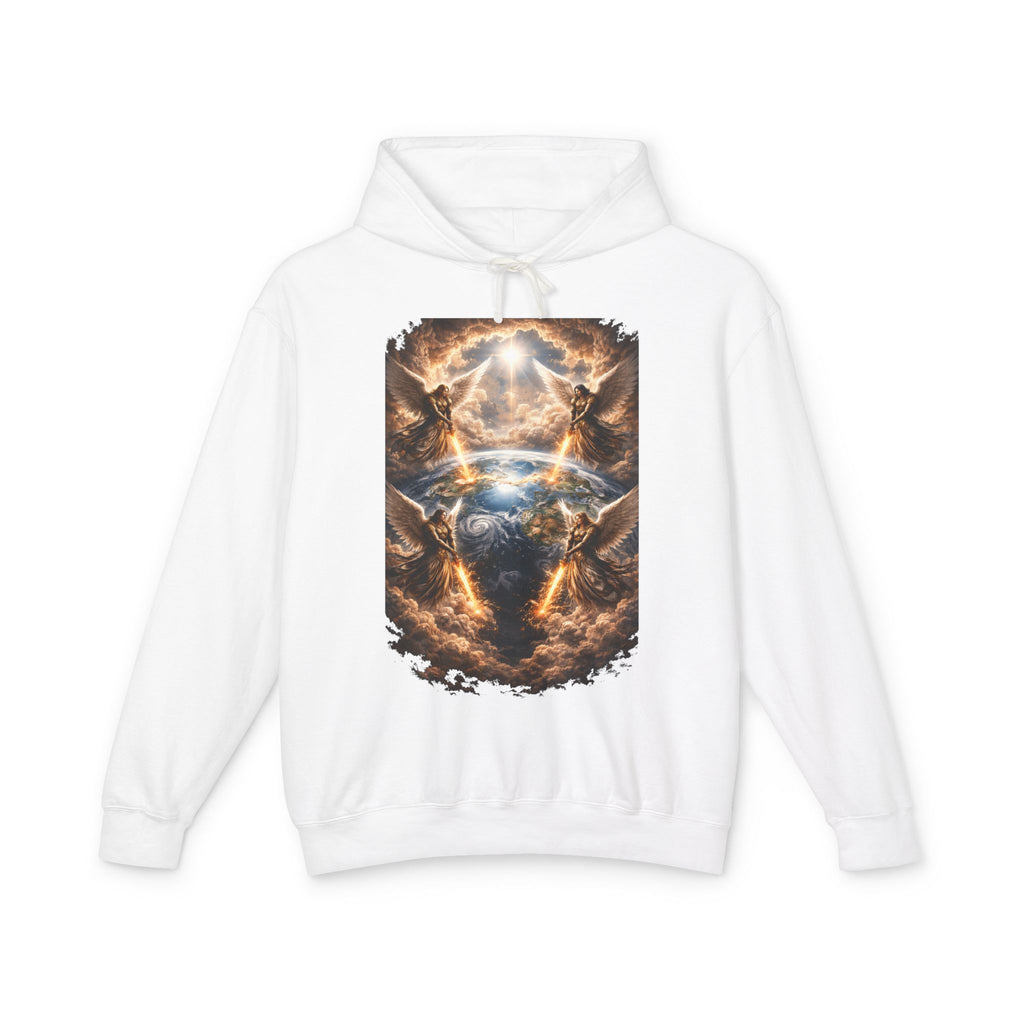 Revelation 7:1 Four angels standing on the four corners of the earth as seen from heaven Apocalyptic Earth Graphic Hoodie — Cosmic Storms, Lightning & Angelic Light