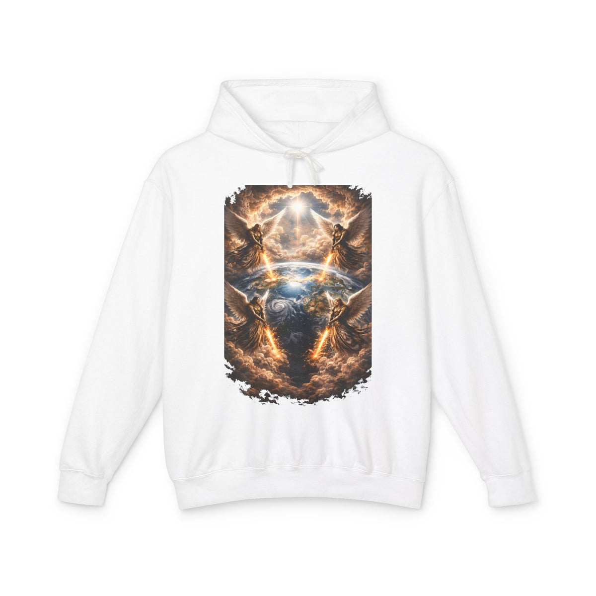 Revelation 7:1 Four angels standing on the four corners of the earth as seen from heaven Apocalyptic Earth Graphic Hoodie — Cosmic Storms, Lightning & Angelic Light