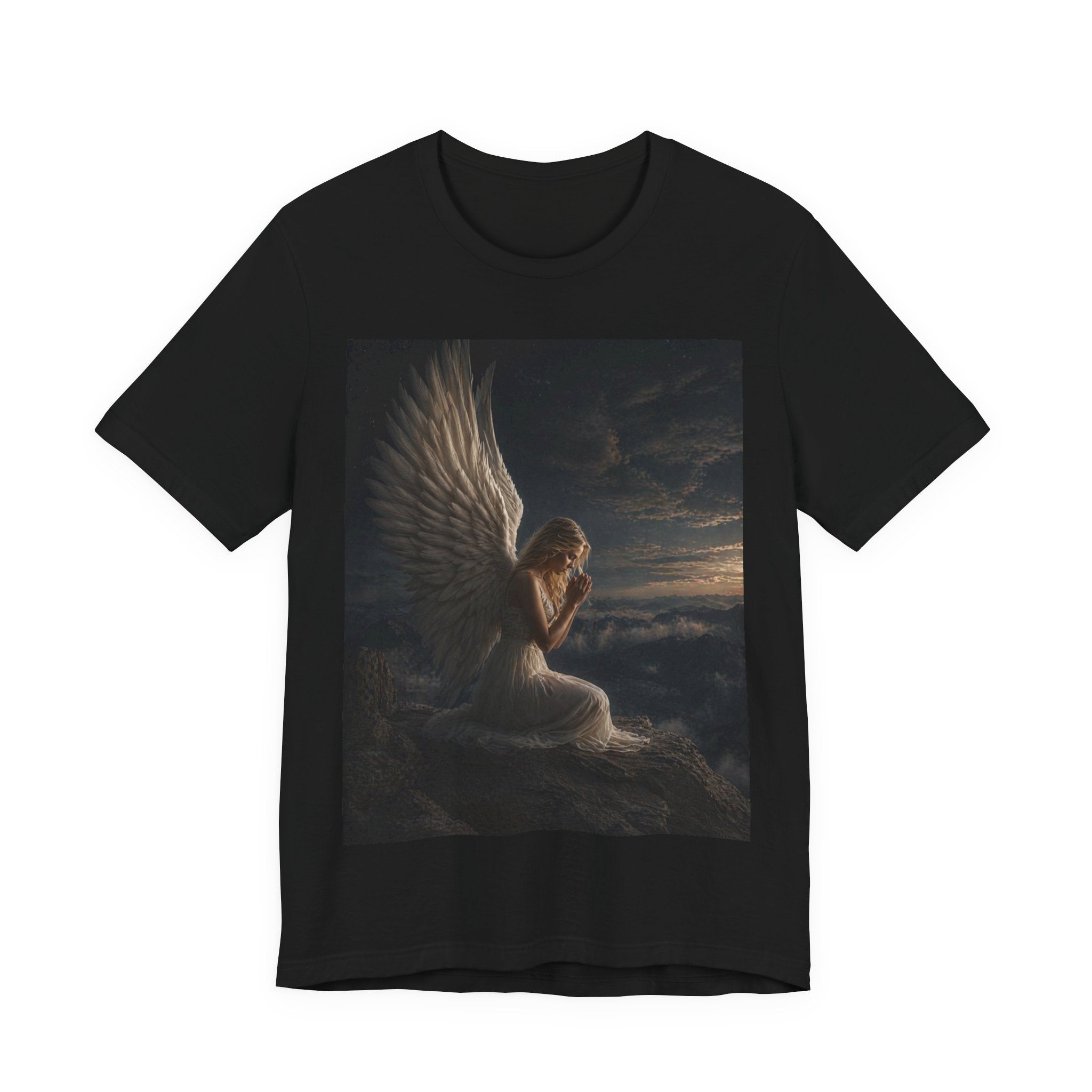 Angel Prayer Graphic Tee — Serene Winged Angel Shirt for Spiritual & Memorial Comfort