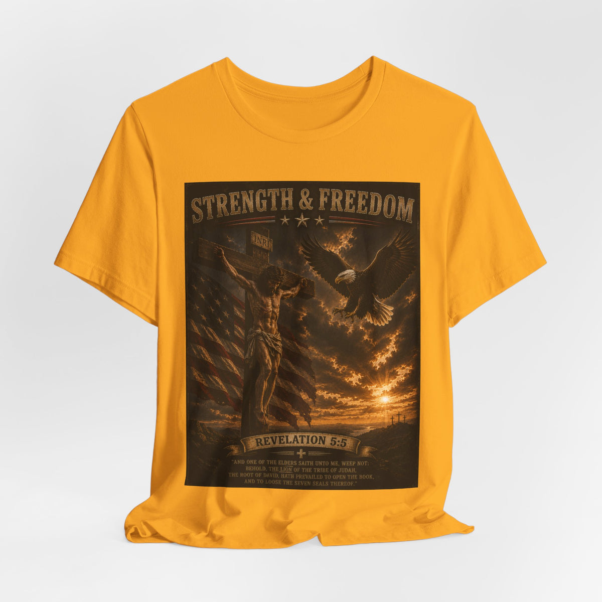 Strength & Freedom Christian T‑Shirt – Revelation 12:11 Eagle & Cross Faith Tee