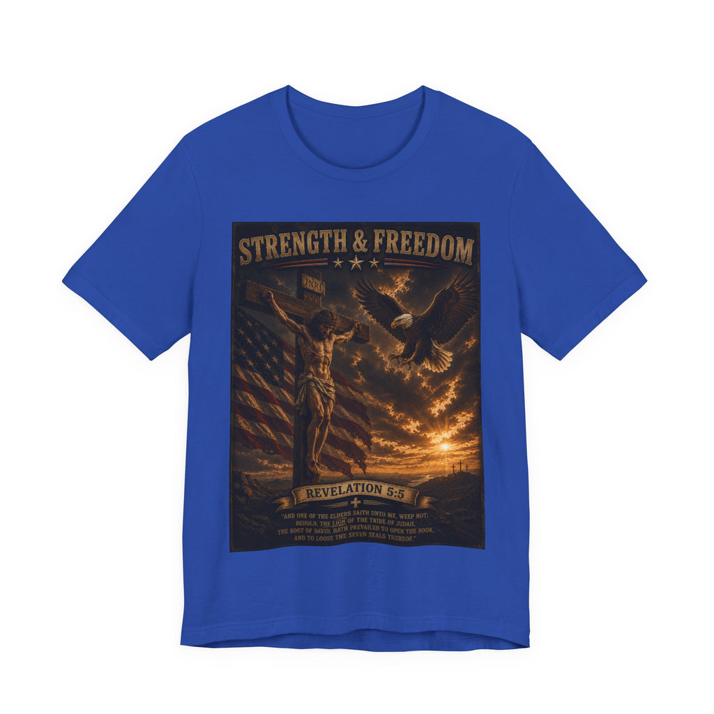Strength & Freedom Christian T‑Shirt – Revelation 12:11 Eagle & Cross Faith Tee