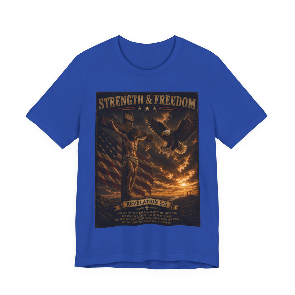 Strength & Freedom Christian T‑Shirt – Revelation 12:11 Eagle & Cross Faith Tee