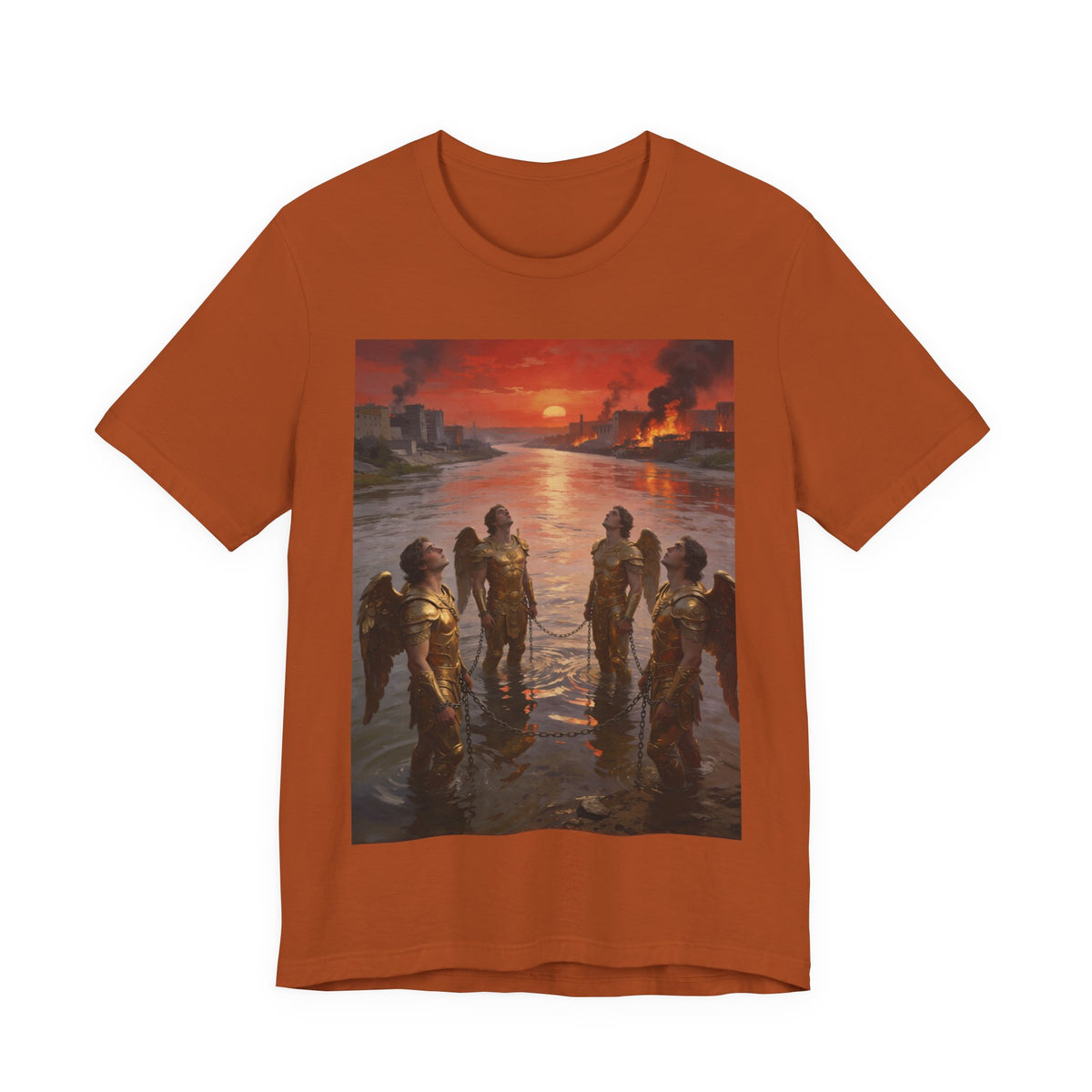 Revelation 9 reveals four fallen angels bound in the Euphrates River, awaiting God’s appointed time to bring judgment. T-Shirt