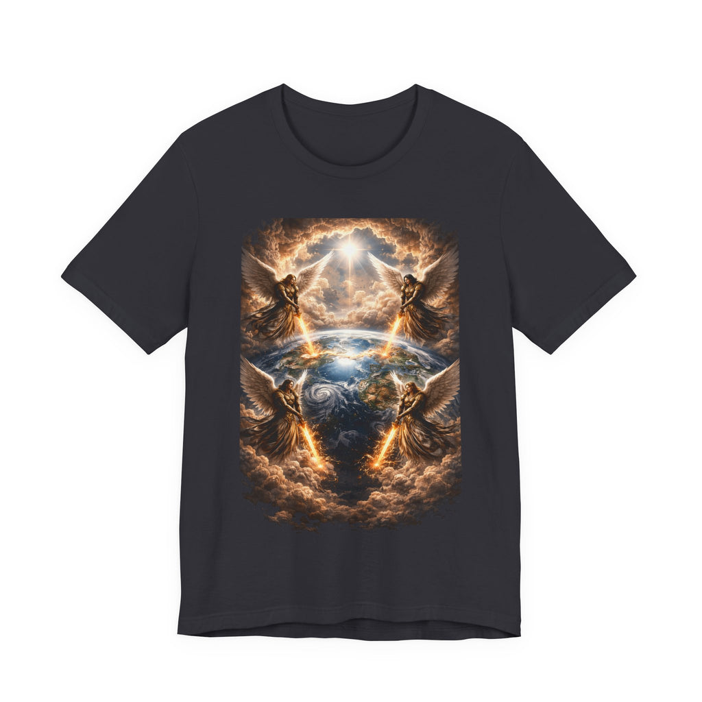 Revelation 7:1 Four angels standing on the four corners of the earth as seen from heaven-when the secound comingis near T‑Shirt — Heavenly Earth & Angels Graphic Tee