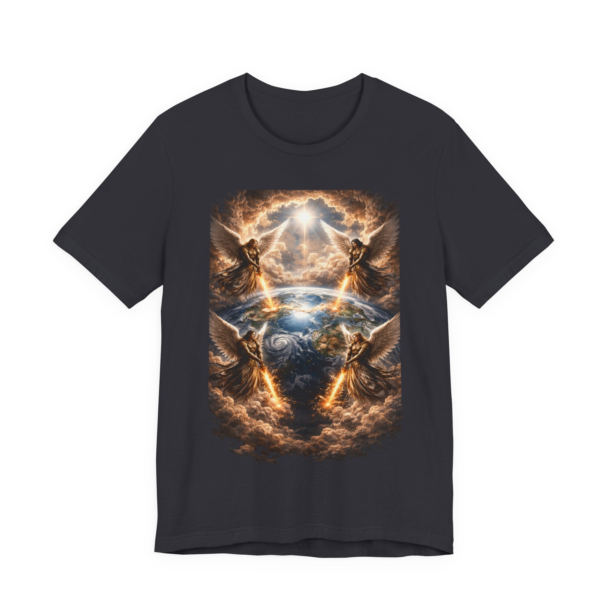 Revelation 7:1 Four angels standing on the four corners of the earth as seen from heaven-when the secound comingis near T‑Shirt — Heavenly Earth & Angels Graphic Tee