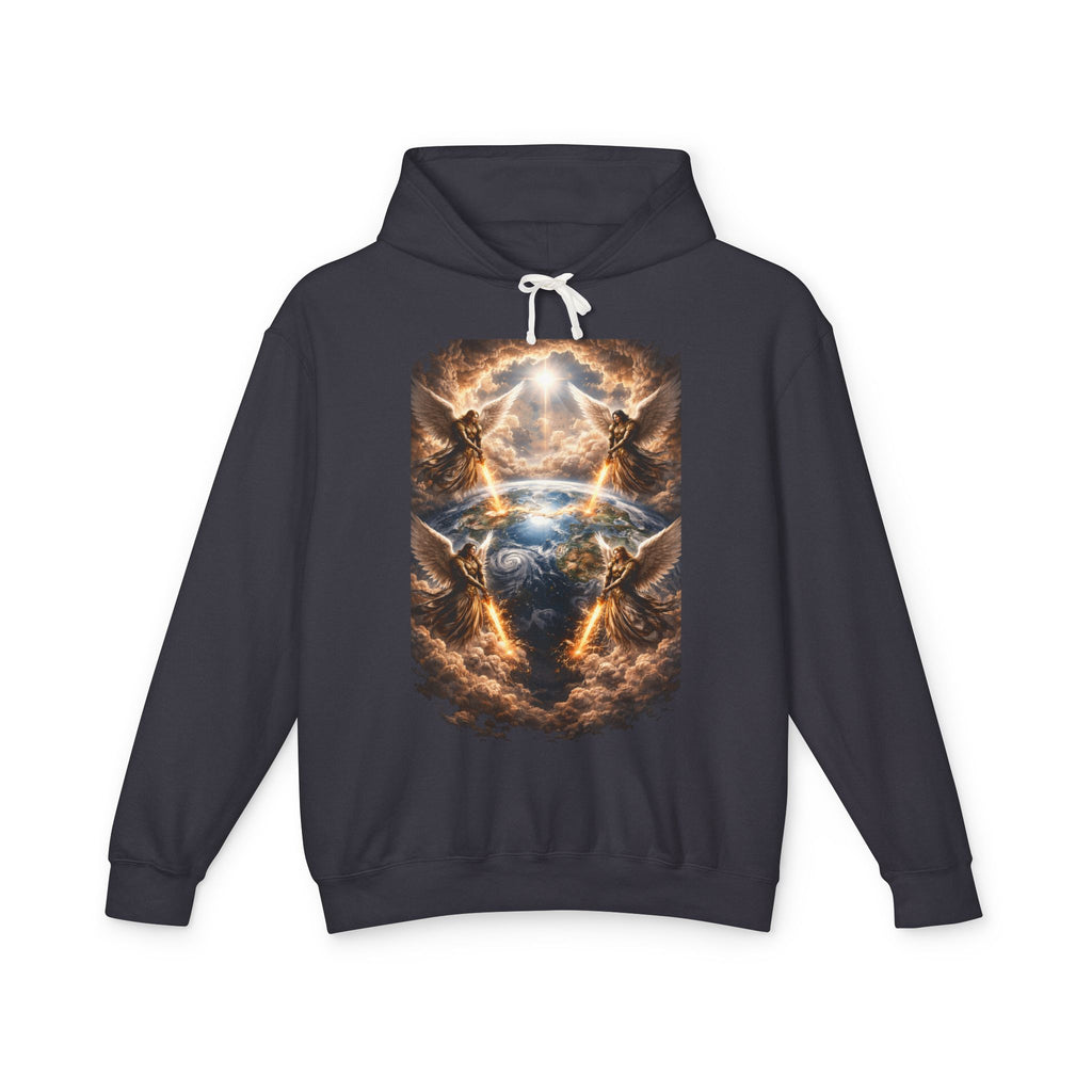 Revelation 7:1 Four angels standing on the four corners of the earth as seen from heaven Apocalyptic Earth Graphic Hoodie — Cosmic Storms, Lightning & Angelic Light