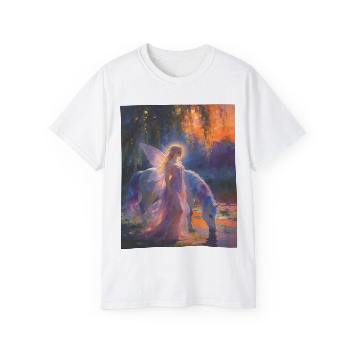 Fairy and Unicorn Fantasy Cotton T-Shirt — Ethereal Sunset Magic Tee