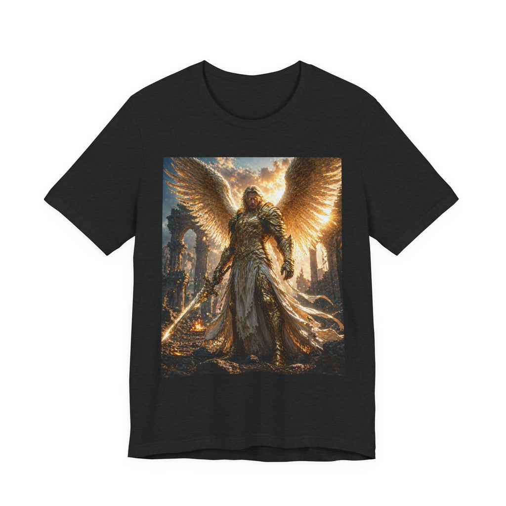 Angel Warrior Graphic Tee — Golden Archangel Battle Scene T-Shirt