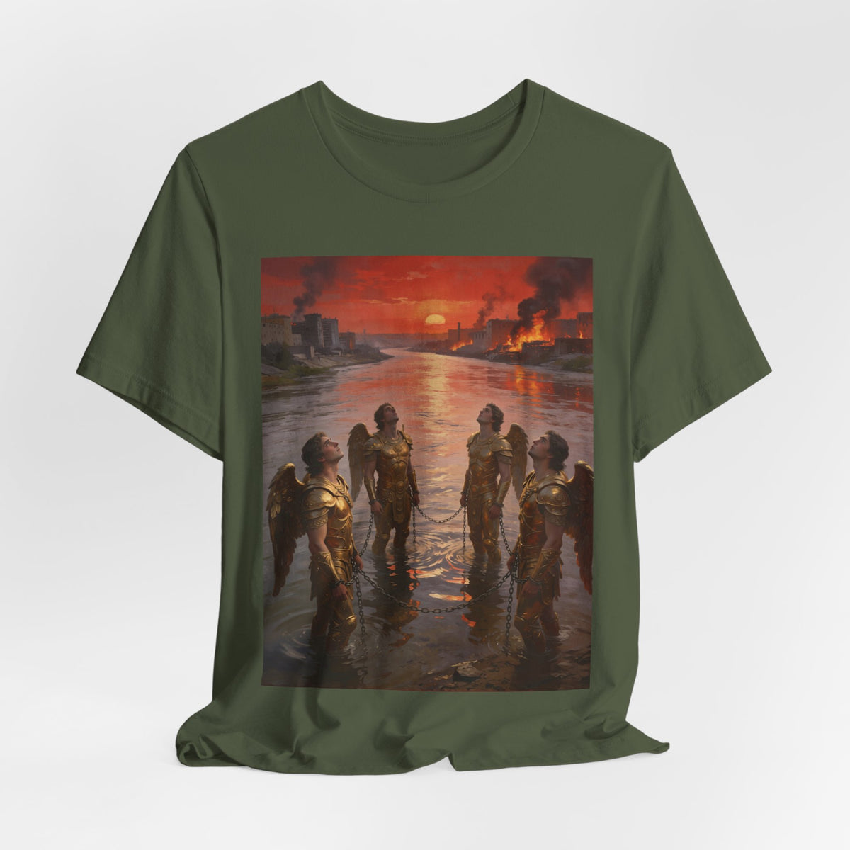 Revelation 9 reveals four fallen angels bound in the Euphrates River, awaiting God’s appointed time to bring judgment. T-Shirt