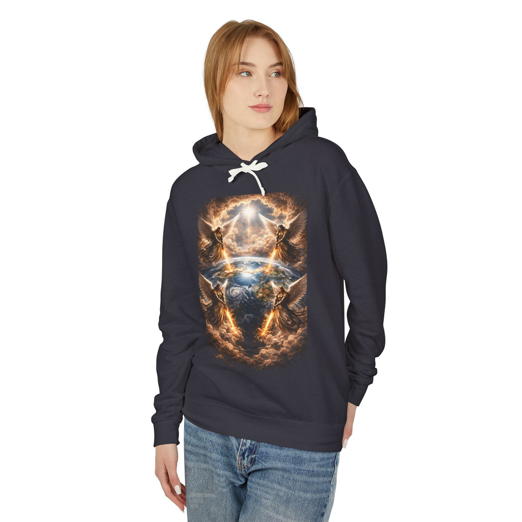 Revelation 7:1 Four angels standing on the four corners of the earth as seen from heaven Apocalyptic Earth Graphic Hoodie — Cosmic Storms, Lightning & Angelic Light
