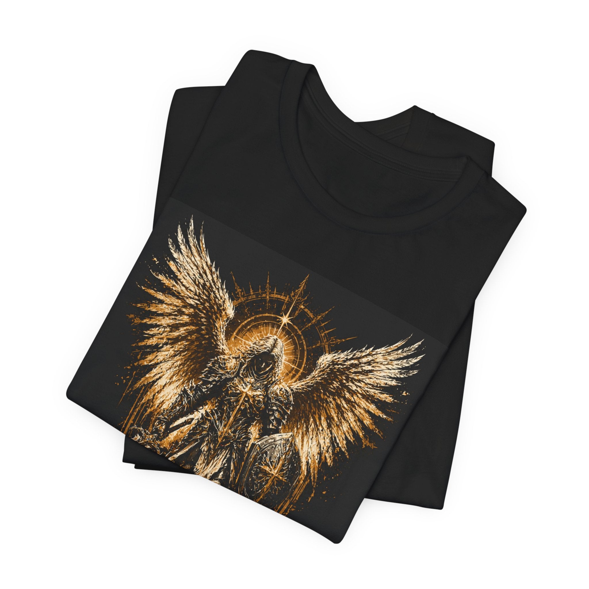 Angel Warrior Graphic Tee — Gold Guardian Wings T-Shirt