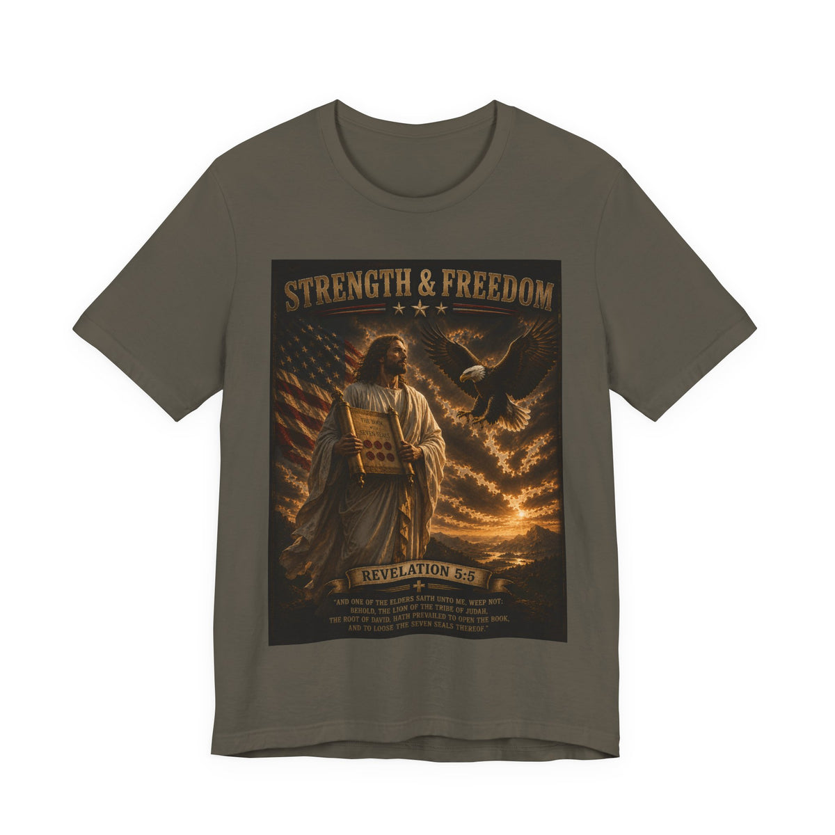 Strength & Freedom T-Shirt — Jesus with Tablets & Eagle, Revelation 20 Christian Tee