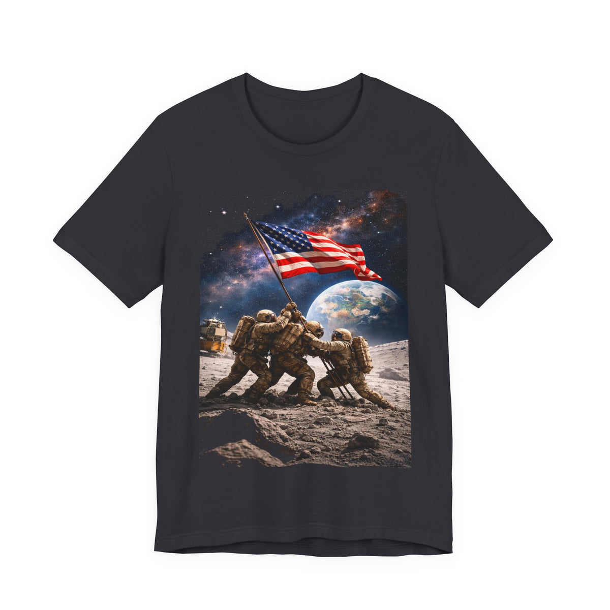 Patriotic Moon Landing Tee — Soldiers Raising American Flag Graphic T-Shirt