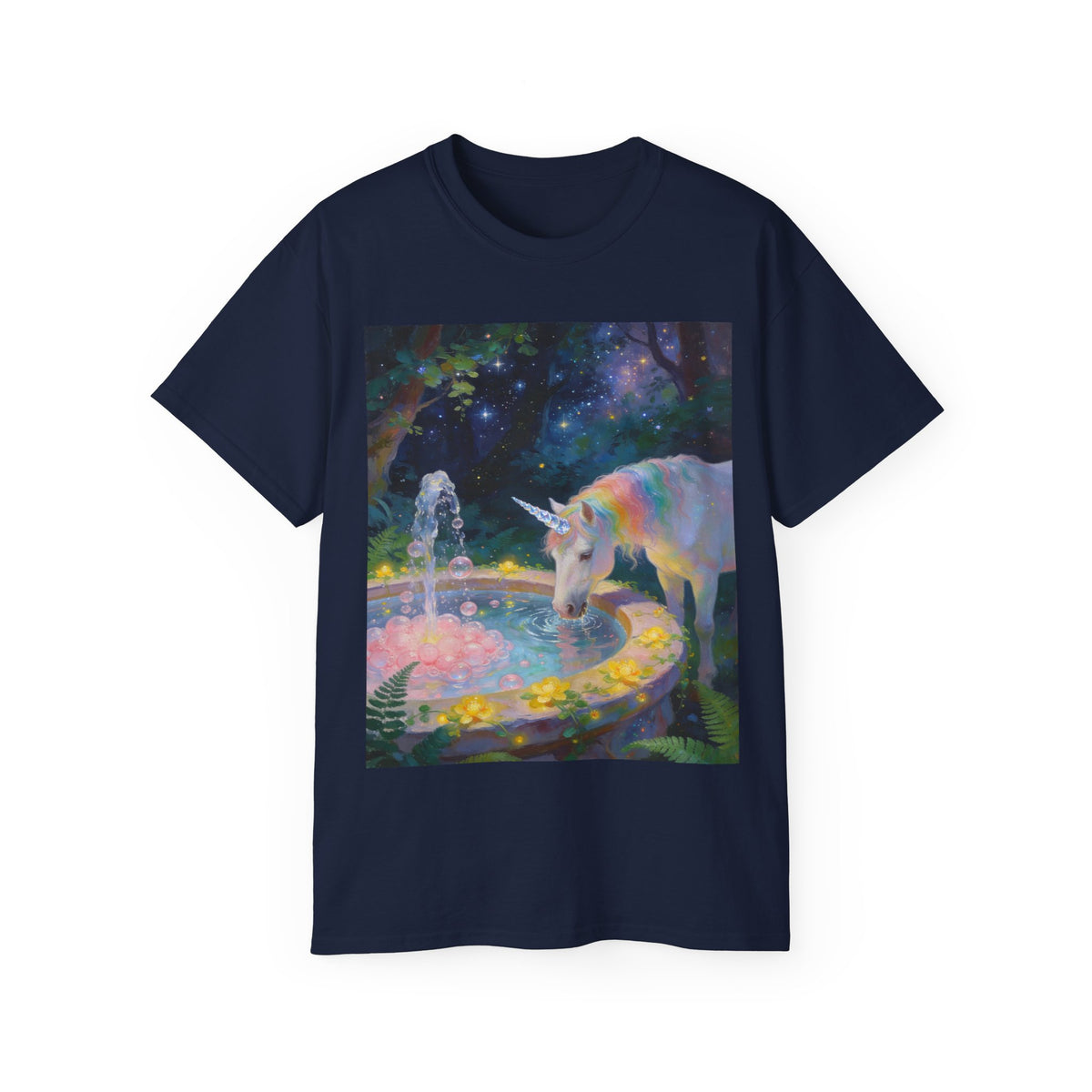 Copy of Unicorn Night Garden Tee — Rainbow Unicorn at Moonlit Fountain T-Shirt
