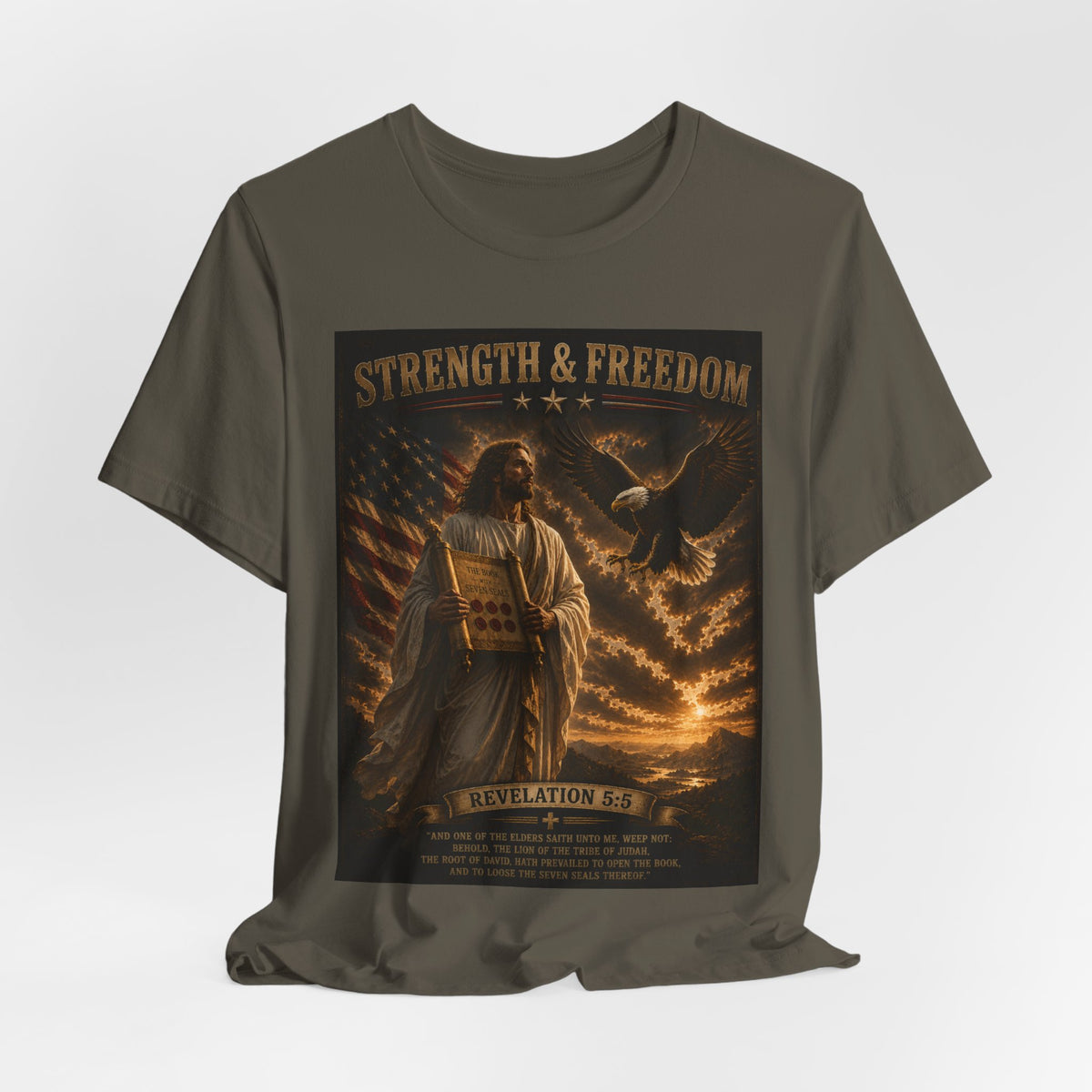 Strength & Freedom T-Shirt — Jesus with Tablets & Eagle, Revelation 20 Christian Tee