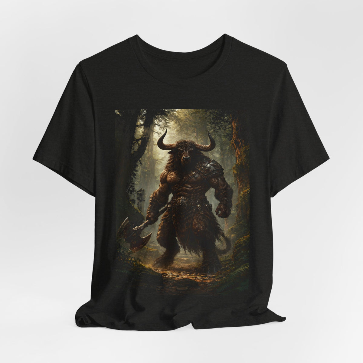 Minotaur Forest Warrior T-Shirt — Mythic Fantasy Creature Graphic Tee