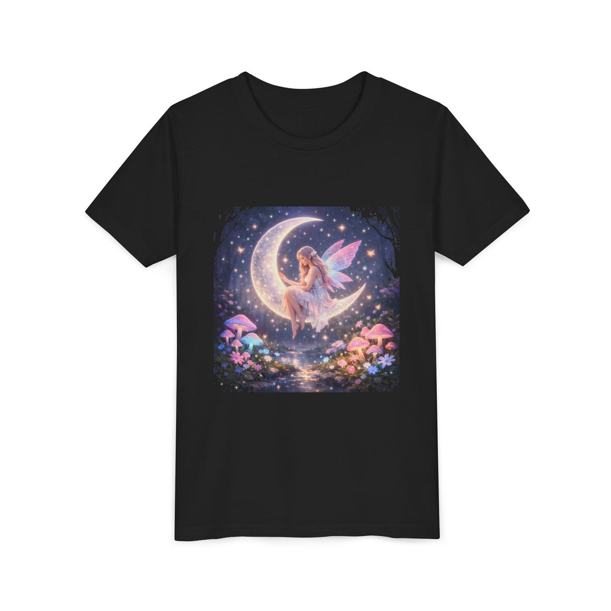 Youth Fairy Moon T-Shirt — Magical Fairy on Crescent Moon Tee for Kids