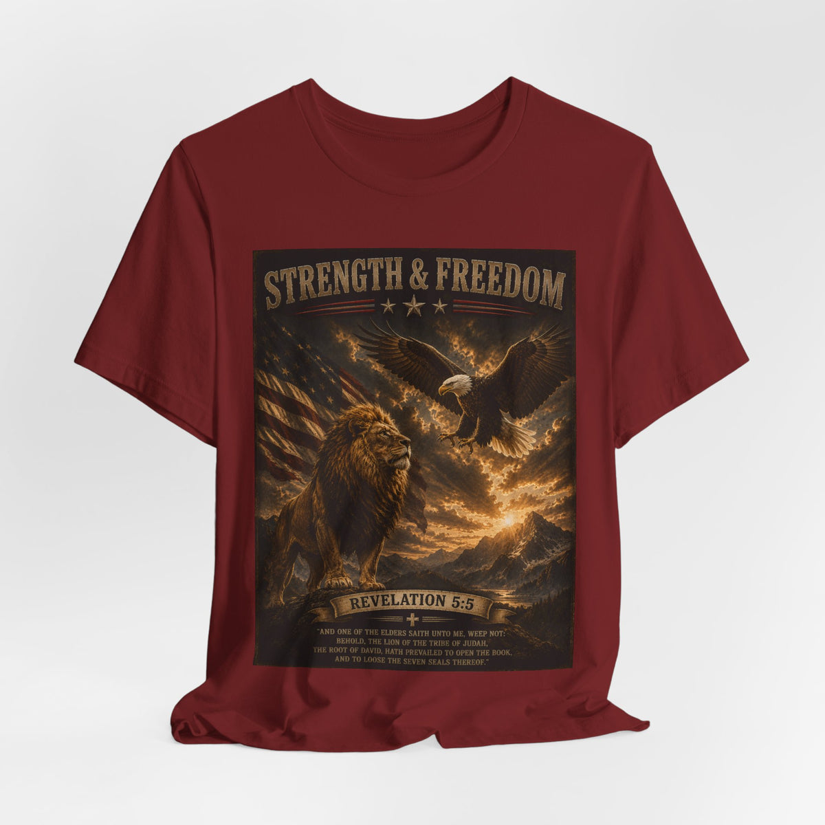 Strength & Freedom Christian Lion Tee – Revelation 5:5 Inspirational Graphic T-Shirt