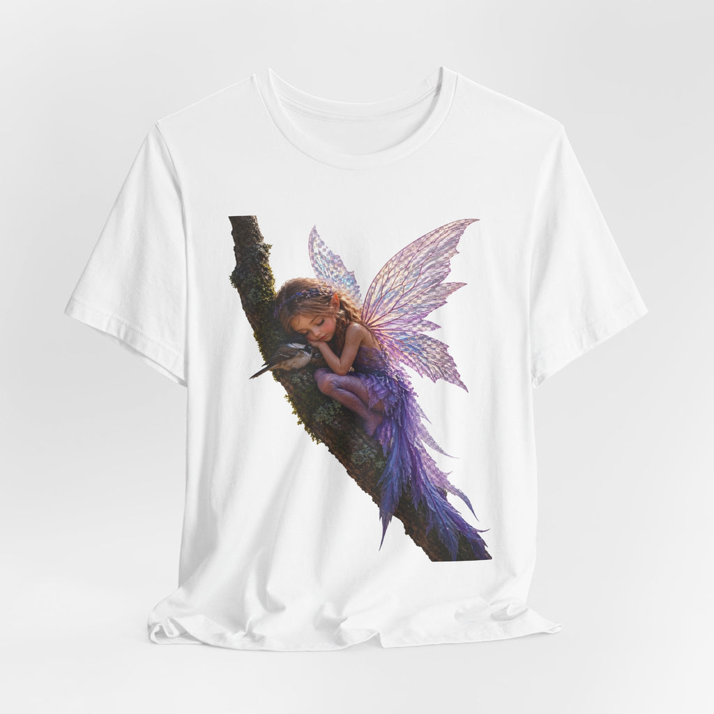 Fairy Sleeping on Branch T-Shirt — Magical Purple Fairy Tee for Women & Girls