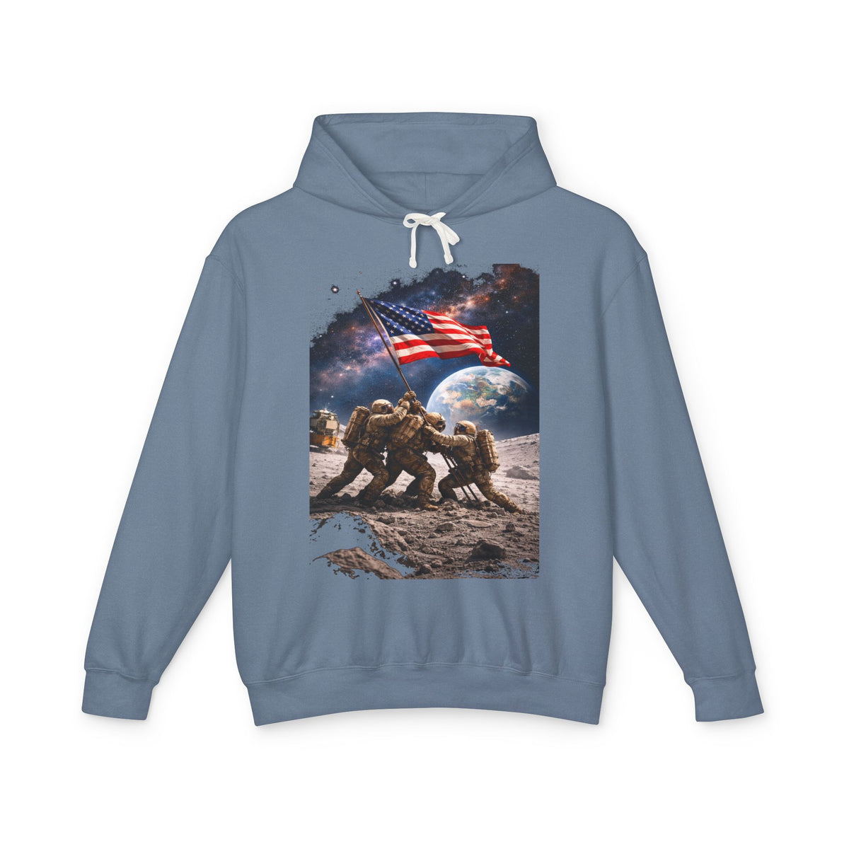 Patriotic Moon Landing Hoodie — Astronauts Raising American Flag Graphic