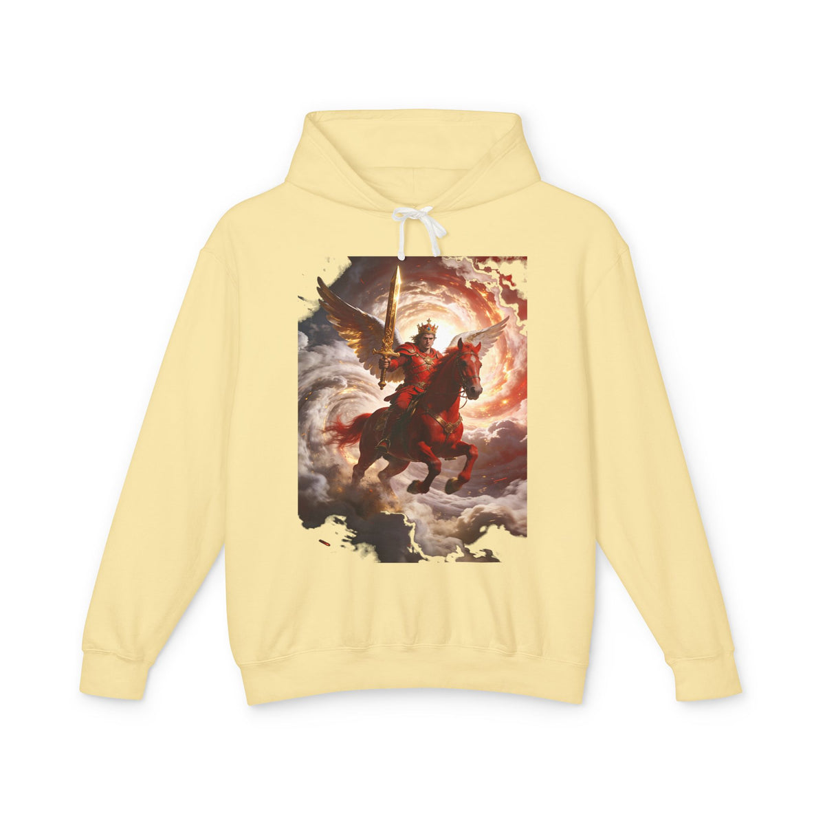 The red horse from Revelation 6:3-4-Angel Knight Hoodie — Celestial Warrior Horse Graphic Sweatshirt