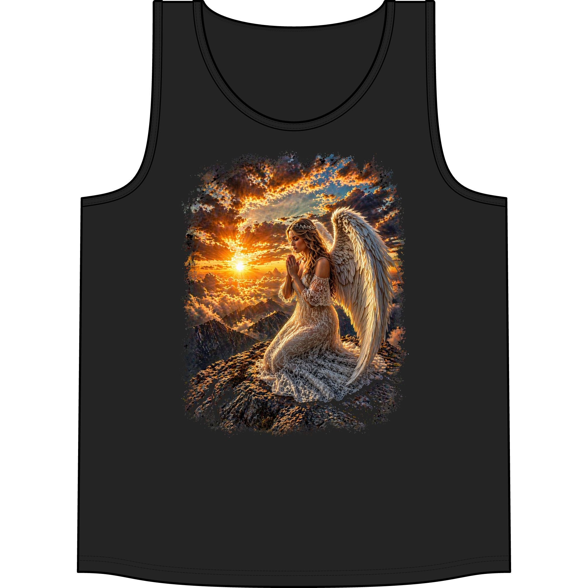 Angel Prayer Tank Top — Spiritual Sunset Angel Graphic Tank for Women