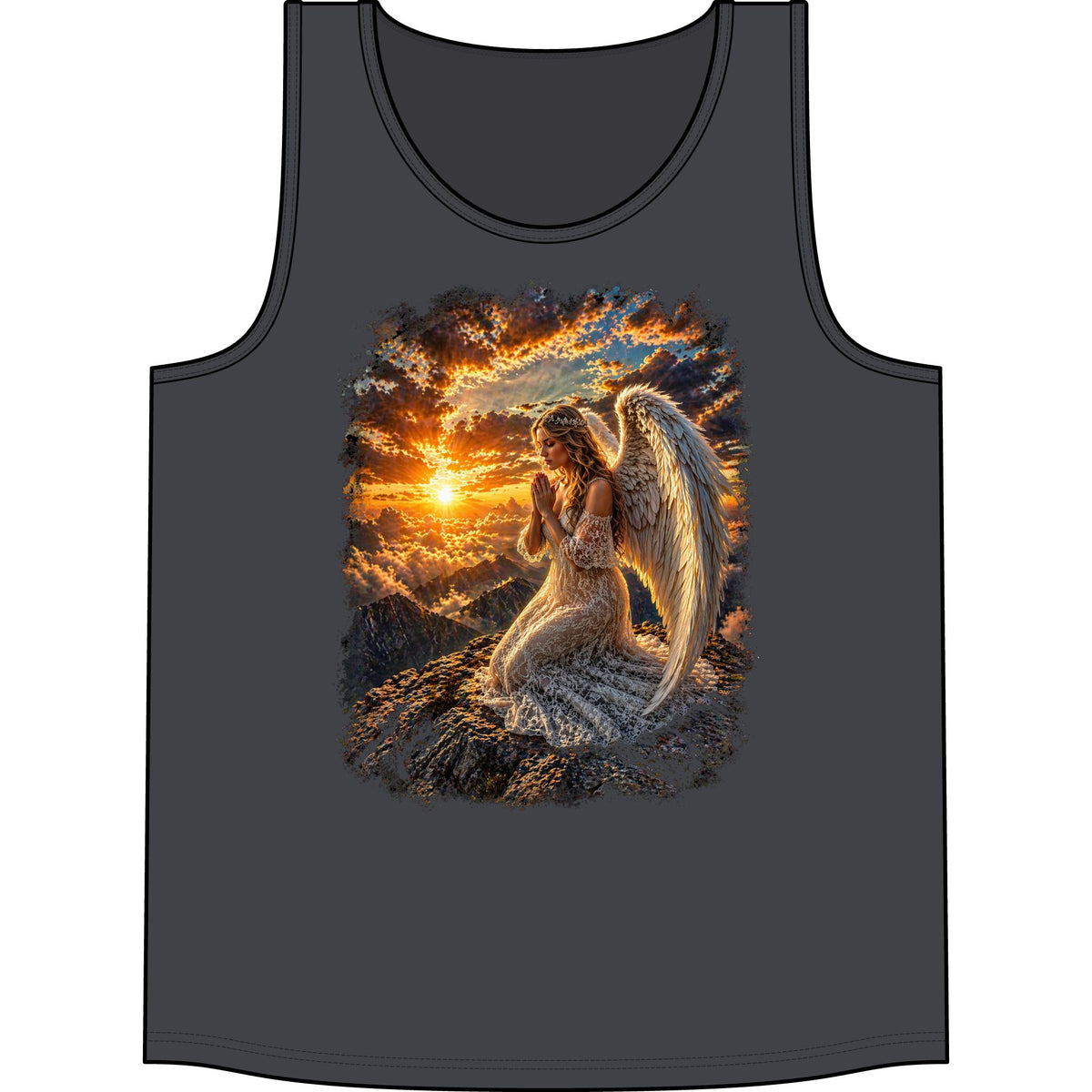 Angel Prayer Tank Top — Spiritual Sunset Angel Graphic Tank for Women