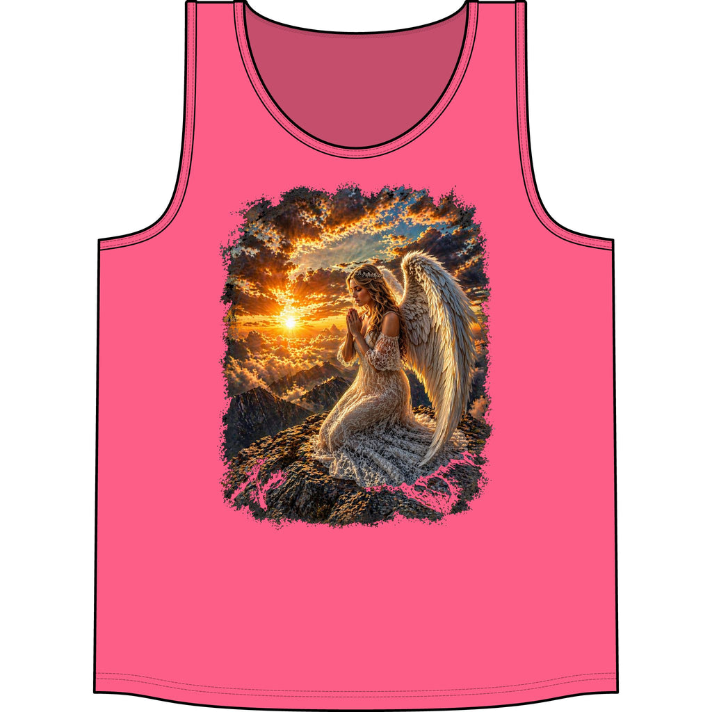 Angel Prayer Tank Top — Spiritual Sunset Angel Graphic Tank for Women