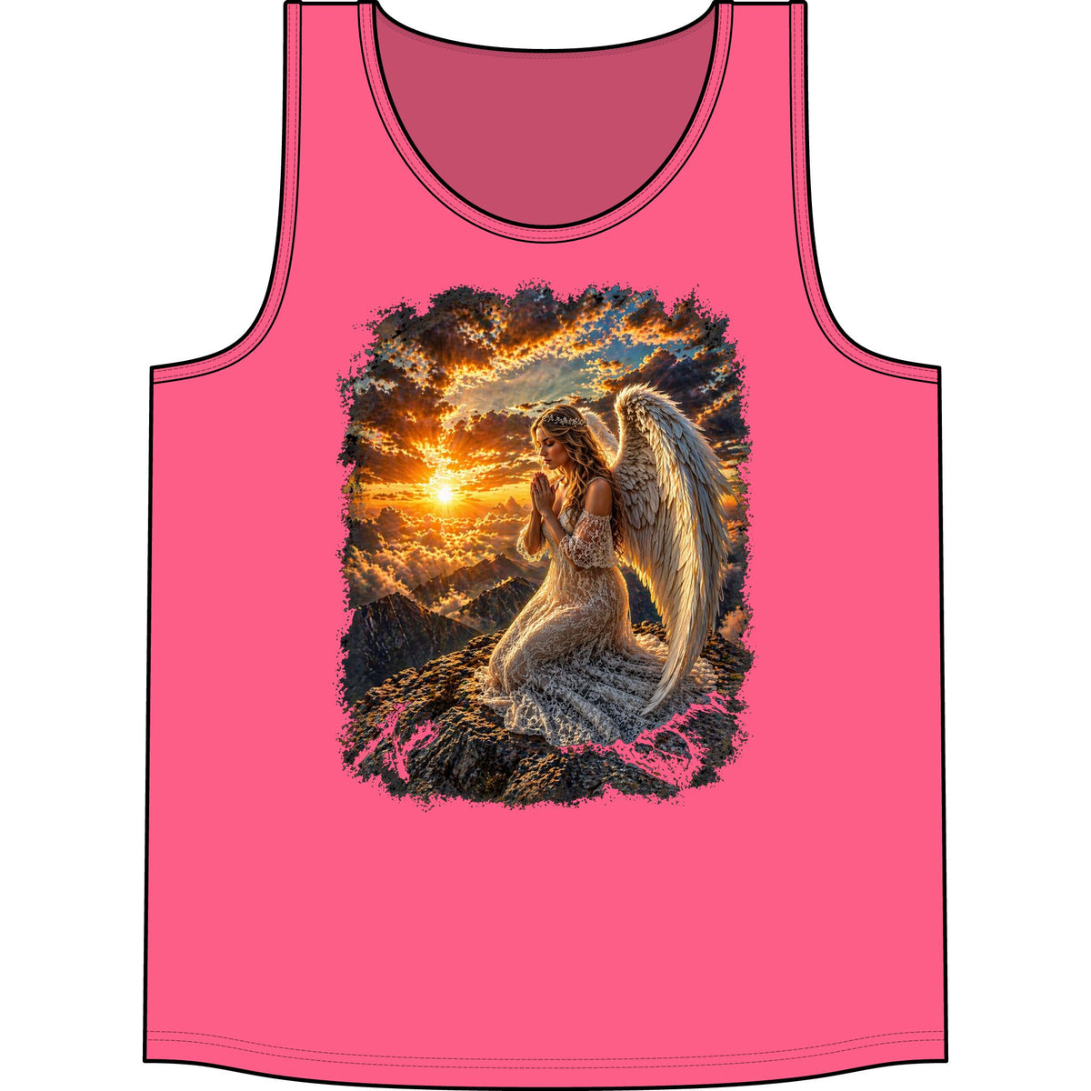 Angel Prayer Tank Top — Spiritual Sunset Angel Graphic Tank for Women