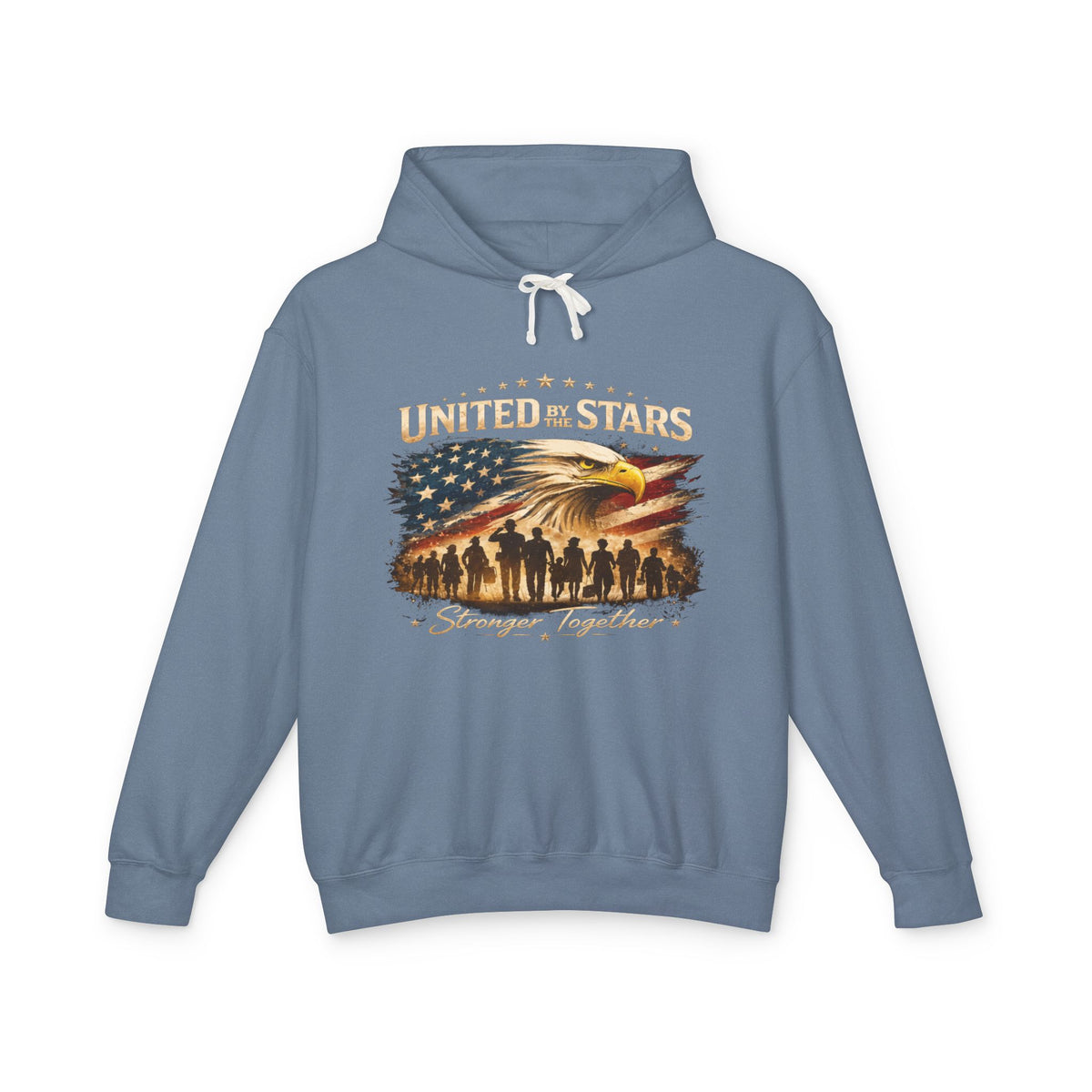 United By The Stars Eagle Flag Hoodie — "Stronger Together" Patriotic Military Veteran Pullover