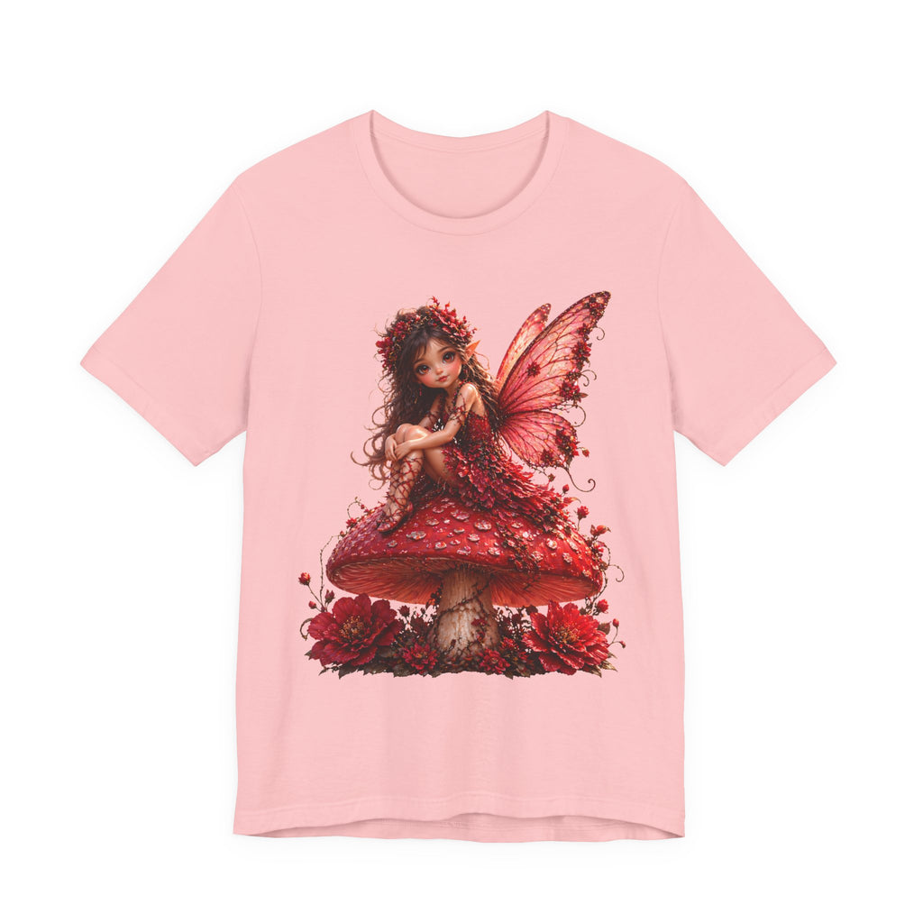 Fairy on Red Mushroom T‑Shirt — Whimsical Red Fairy Graphic Tee