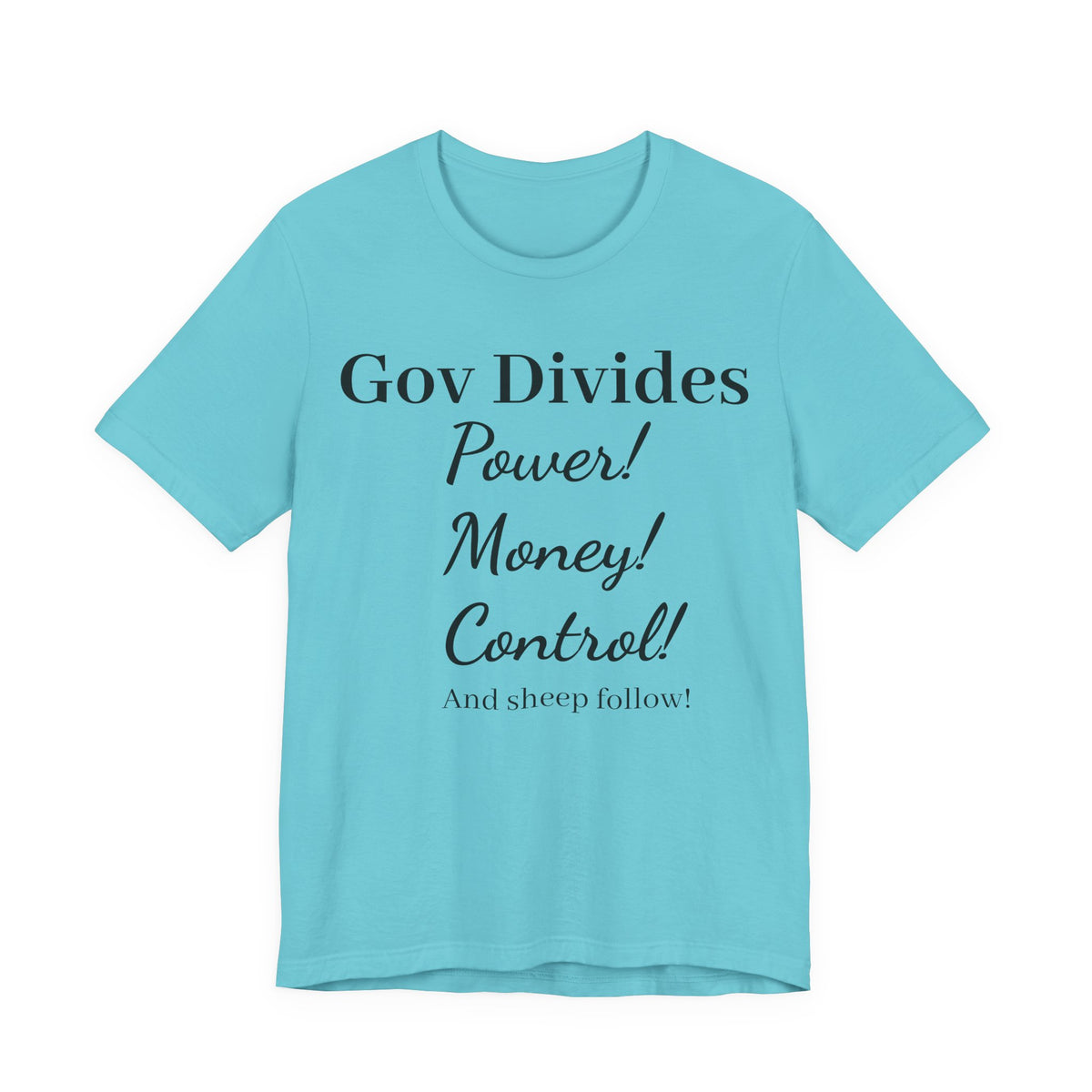 Gov Divides T‑Shirt – "Gov Divides: Power! Money! Control!" Political Statement Tee