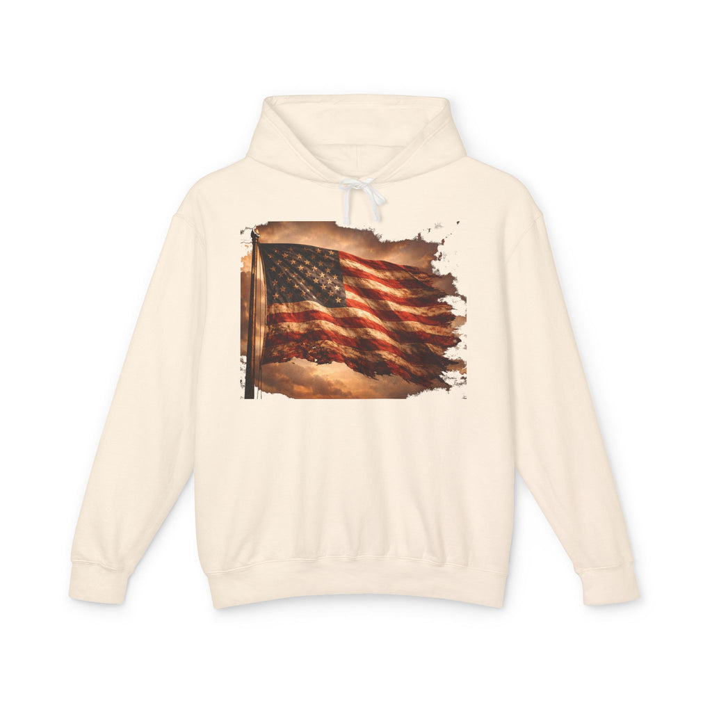 Distressed American Flag Hoodie — Vintage Patriot Lightweight Sweatshirt
