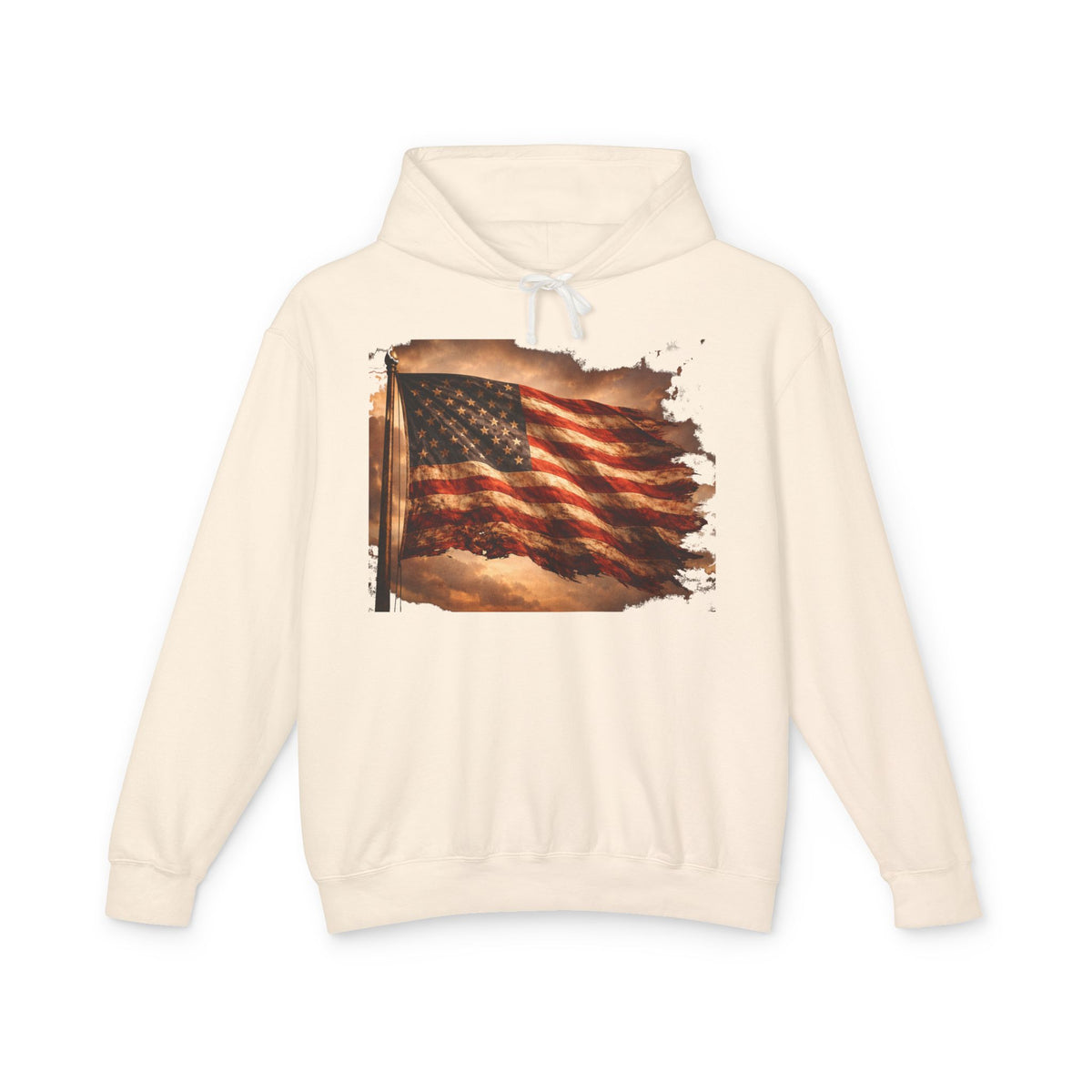 Distressed American Flag Hoodie — Vintage Patriot Lightweight Sweatshirt