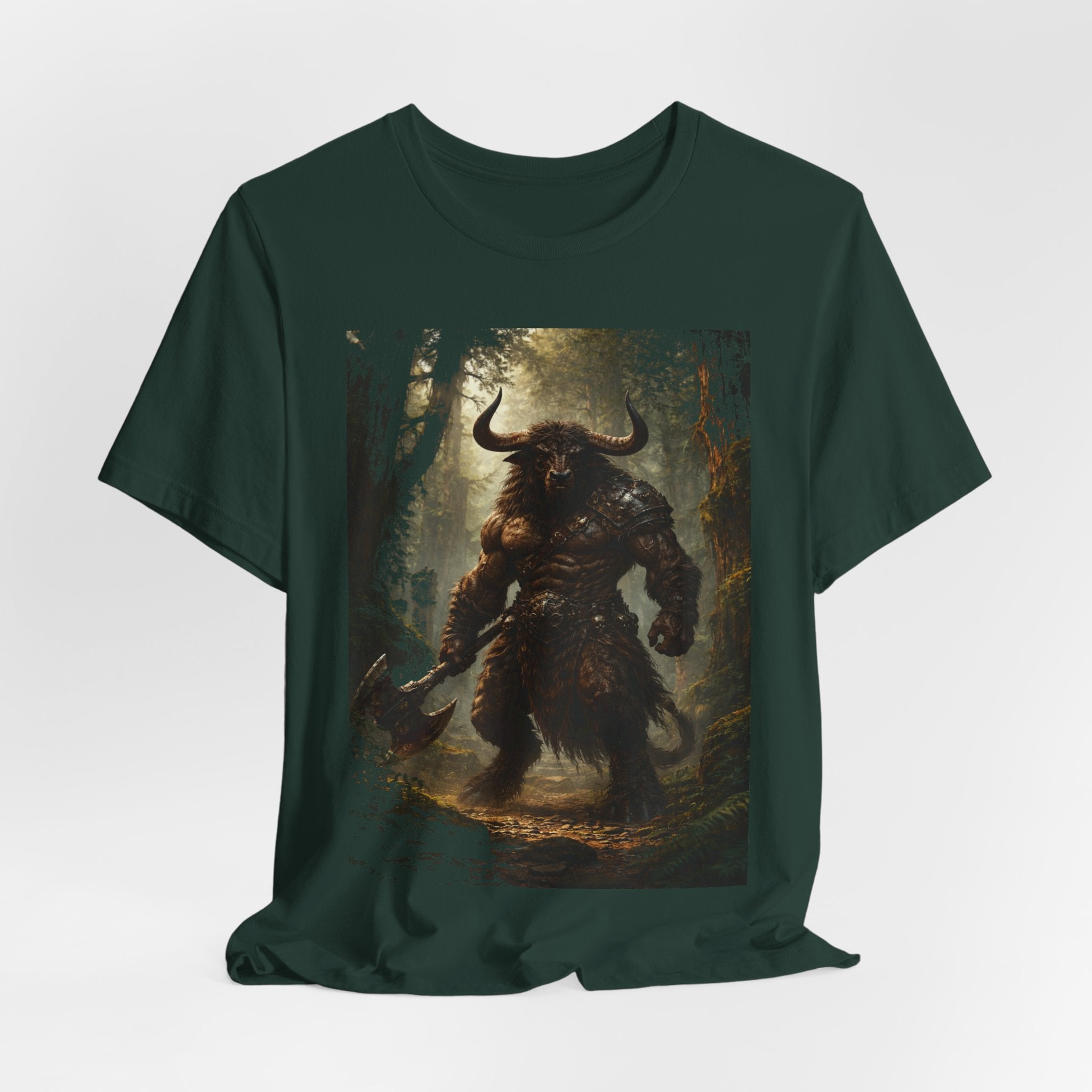 Minotaur Forest Warrior T-Shirt — Mythic Fantasy Creature Graphic Tee