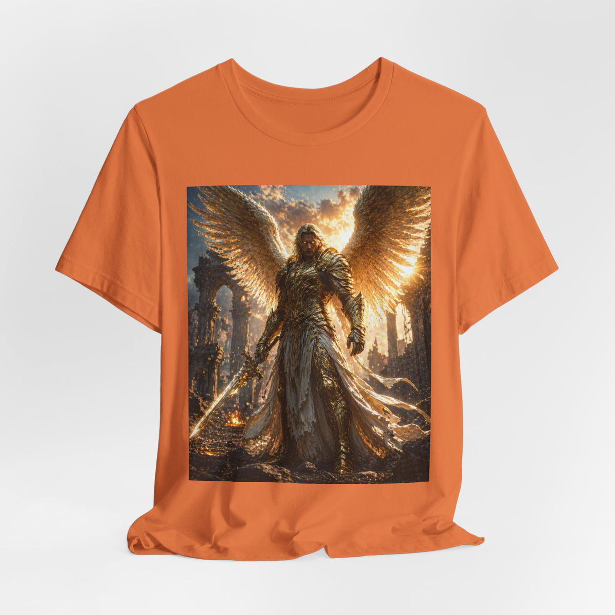 Angel Warrior Graphic Tee — Golden Archangel Battle Scene T-Shirt