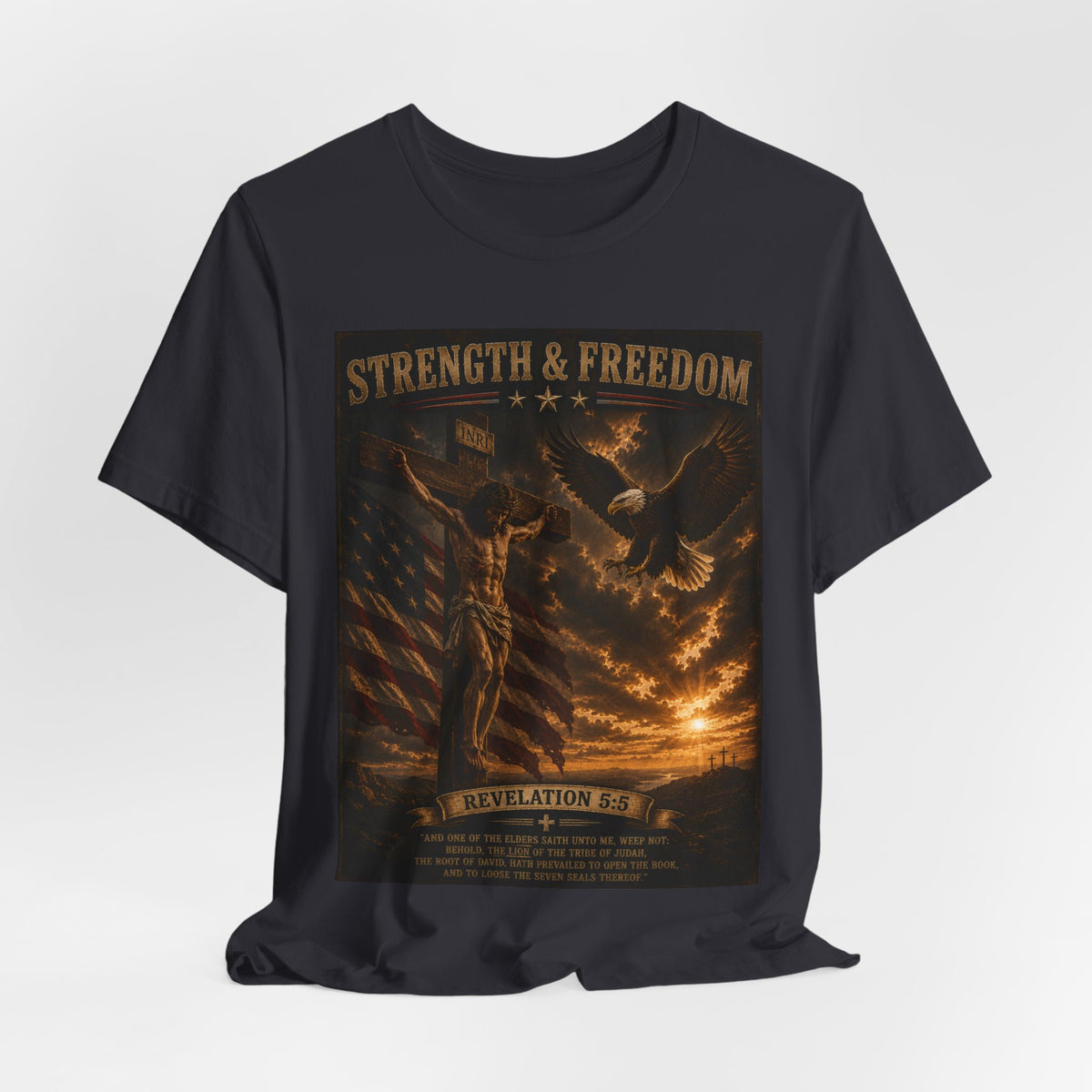 Strength & Freedom Christian T‑Shirt – Revelation 12:11 Eagle & Cross Faith Tee