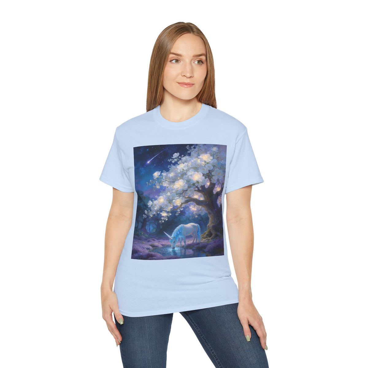 Unicorn Mystic Night Sheep Cotton Tee — Dreamy Moonlit Tree Art T-Shirt