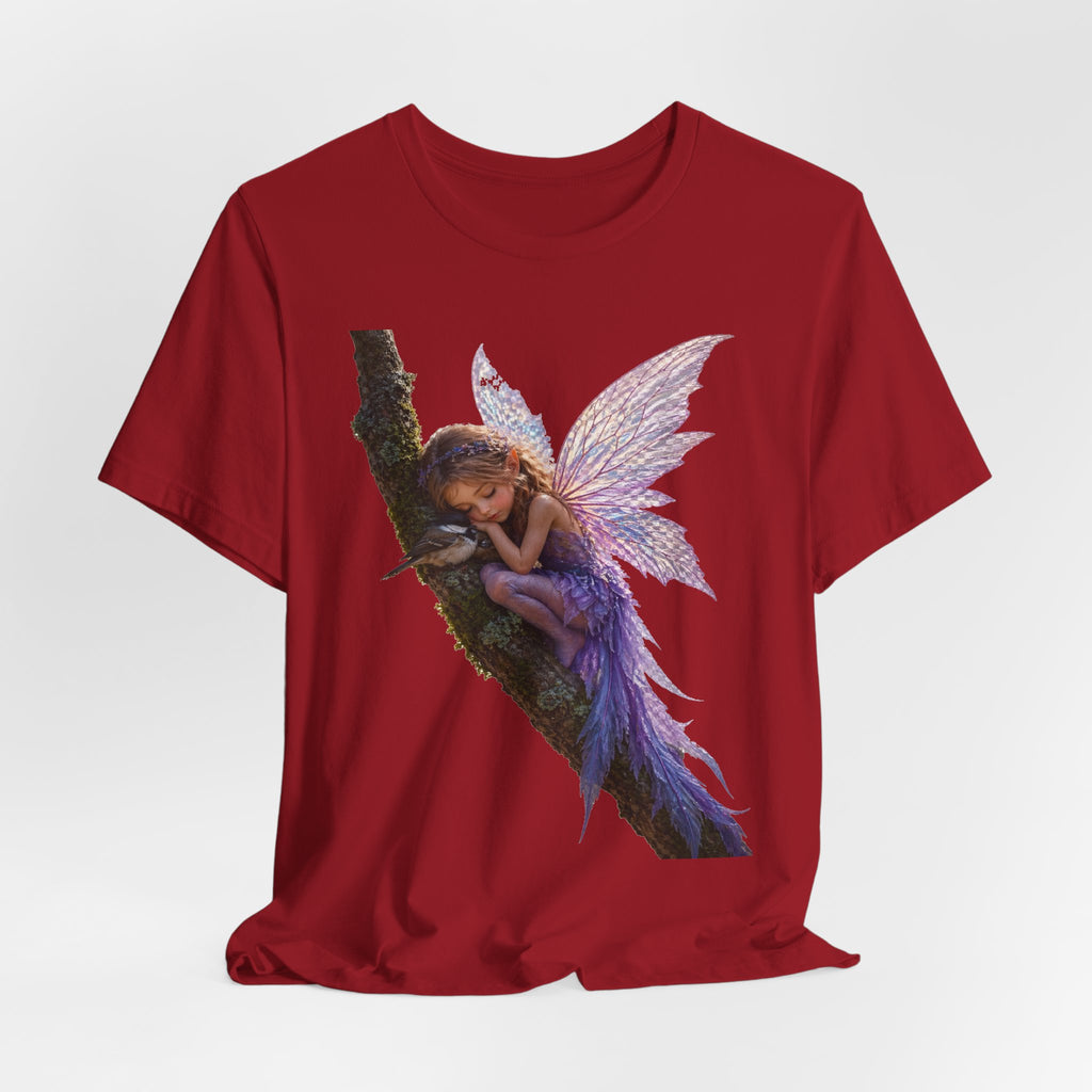 Fairy Sleeping on Branch T-Shirt — Magical Purple Fairy Tee for Women & Girls