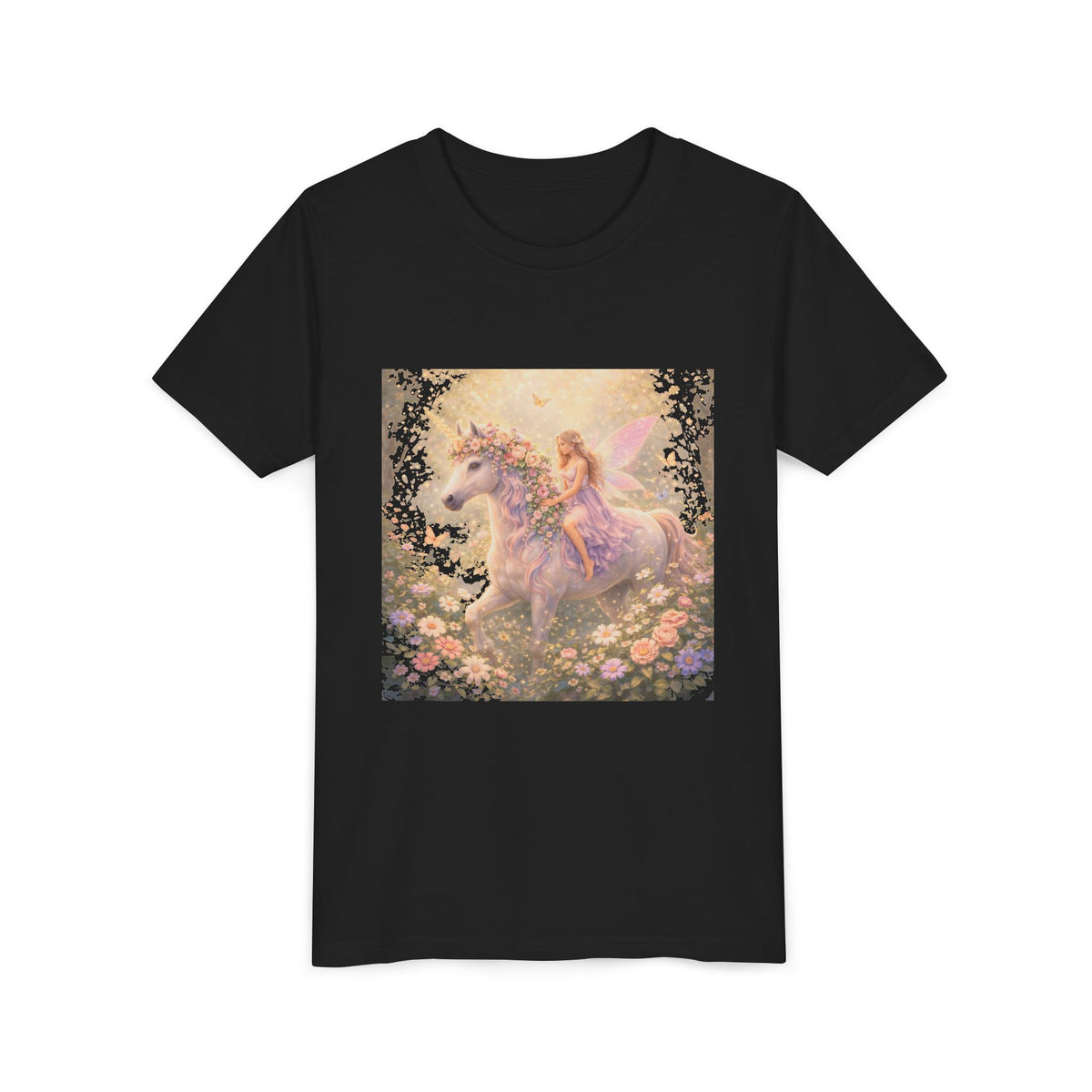 Youth Tee — Magical Fairy Riding Unicorn in Floral Garden Kids Shirt