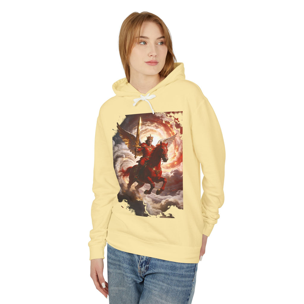 The red horse from Revelation 6:3-4-Angel Knight Hoodie — Celestial Warrior Horse Graphic Sweatshirt