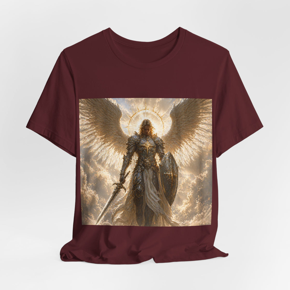 Archangel Warrior Graphic Tee — Golden Angel with Sword & Shield